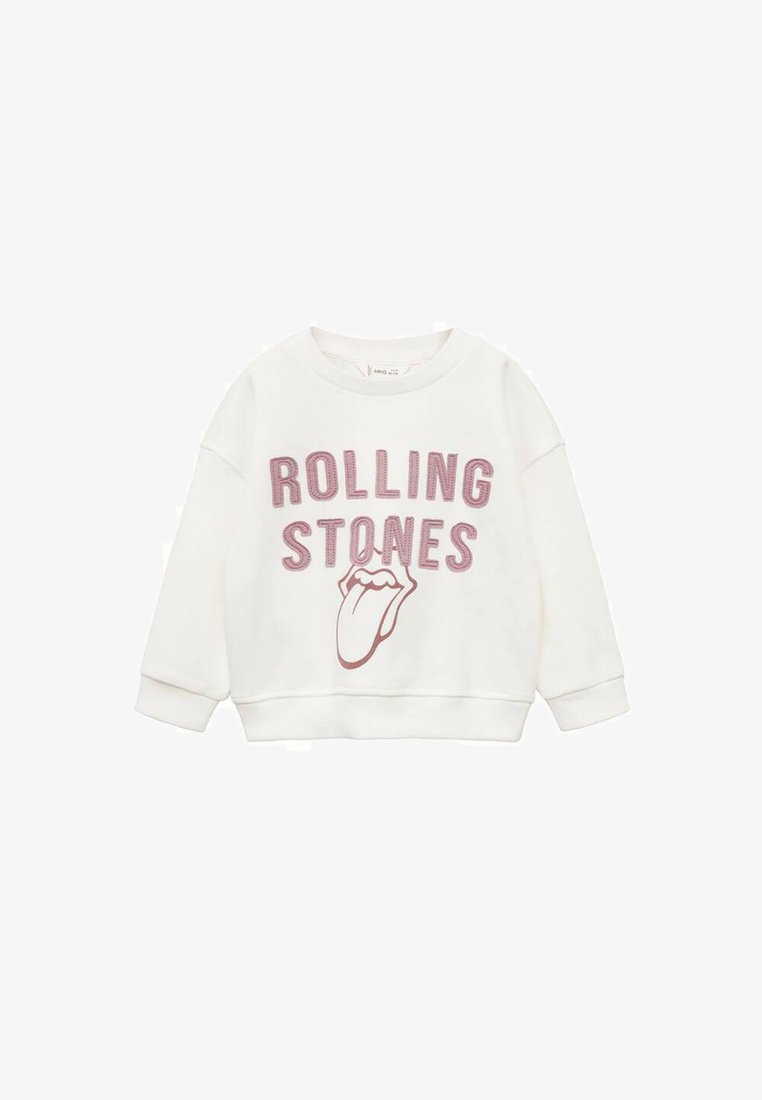 Weißes Sweatshirt mit rundem Halsausschnitt, langen Ärmeln und gerippten Bündchen, das den Text "ROLLING STONES" und eine Zungengrafik in Pink zeigt.