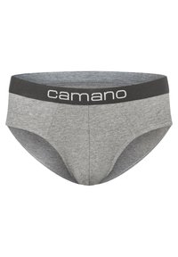 Slip in cotone grigio con elastico in vita grigio scuro che presenta il testo bianco "camano". Design aderente con texture liscia e tasca frontale.