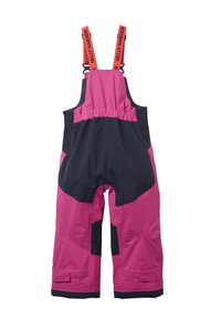 Růžové a námořnické lyžařské overal s nastavitelnými popruhy, elastickým pasem, zesílenými koleny a suchými zipy na zápěstích pro bezpečné uchycení a zvýšenou odolnost.