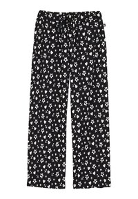 Black pants featuring a floral and heart pattern in white. Made from a soft material with an elastic waistband and drawstring closure.