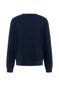 Námornícka modrá mikina, okrúhly výstrih, dlhé rukávy, rebrované manžety a lem, mäkká tkanina, jednotná textúra, minimalistický dizajn, zobrazený pohľad zozadu.