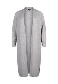 Grå stickad kofta med lång, öppen fram, sänkt axlar och sidofickor. Slät textur med ribbade manschetter och nederkant.