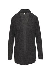 Donkergrijze cardigan, opening aan de voorkant, lange mouwen, getextureerde gebreide stof. Labels zichtbaar bij de halslijn en zijkant van de zoom.