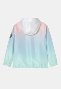 Lightweight jacket with a gradient design from pink to blue, featuring a hood and elastic cuffs, made of glossy, water-resistant material.