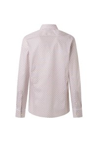 Lange mouw shirt in lichtroze met een geometrisch patroon van kleine vierkanten in donkerder roze. Kenmerkt zich door een standaard kraag en knoopmanchetten.