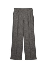 Pantalon gris à jambes larges avec plis devant, passants de ceinture et poches latérales, en tissu tissé texturé.