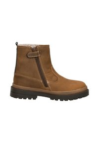 Bruine leren enkelboot met een gestructureerd oppervlak, zijrits en rubberen zool. Voorzien van een zachte binnenvoering voor extra comfort.