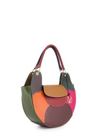 Leren handtas met een cirkelvorm, voorzien van een mix van kleuren: groen, bruin, oranje, roze en kastanjebruin. Gouden accenten zijn inbegrepen.