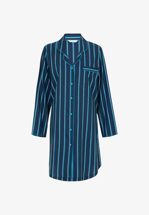 Granatowa sukienka koszulowa z długim rękawem, zapinana na guziki, z pionowymi, cienkimi, białymi i turkusowymi paskami, kołnierzykiem i kieszenią na piersi na białym tle.