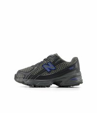 Black athletic shoe with mesh upper, featuring gray accents and a blue logo. Textured sole for traction. Lightweight design.
