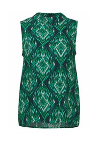 Ärmlös topp i mörkgrön med ett påfågelmönster i nyanser av grönt och rosa, med hög hals och lös passform.