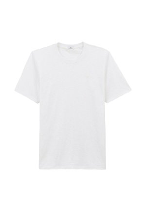 T-shirt blanc à manches courtes et col rond, avec un petit logo circulaire sur la poitrine gauche, présenté sur un fond blanc.