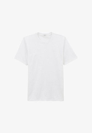T-shirt blanc à manches courtes et col rond, avec un petit logo circulaire sur la poitrine gauche, présenté sur un fond blanc.