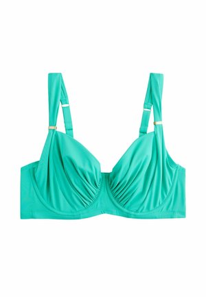 Türkiz alátámasztásos bikini felsőrész állítható vállpántokkal és minden kosáron gyűrt anyagrészlettel, fehér háttéren kifektetve.