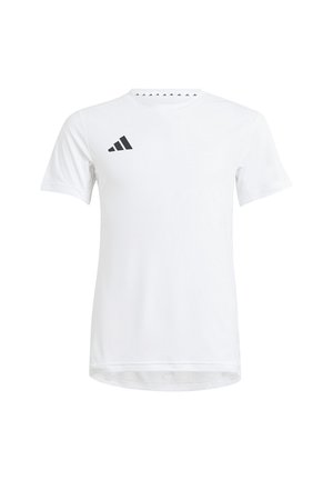 Hvid sportst-shirt med korte ærmer, rund halsudskæring og et lille sort trekantet logo øverst til venstre på brystet.