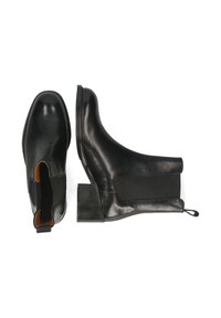 Botas de cuero negro hasta el tobillo con punta redondeada, paneles laterales elásticos y tacón cuadrado. El acabado es suave con un sutil brillo, con una tira en la parte posterior.