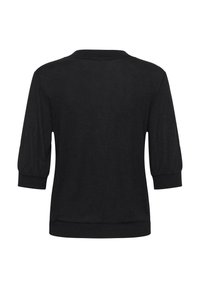Black pullover top featuring three-quarter puff sleeves, ribbed neckline and hem, and a smooth texture. Simple design without embellishments.