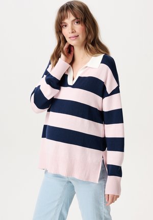 Gestreepte pullover in roze en marineblauw, met een witte kraag, diepe V-hals, geribbelde manchetten en zoom, een ontspannen pasvorm en zijwaartse splitten.