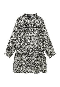 Černobíle tištěné šaty s límečkovým výstřihem, dlouhými rukávy, vrstveným designem a elastickými manžetami se skvrnitým vzorem.