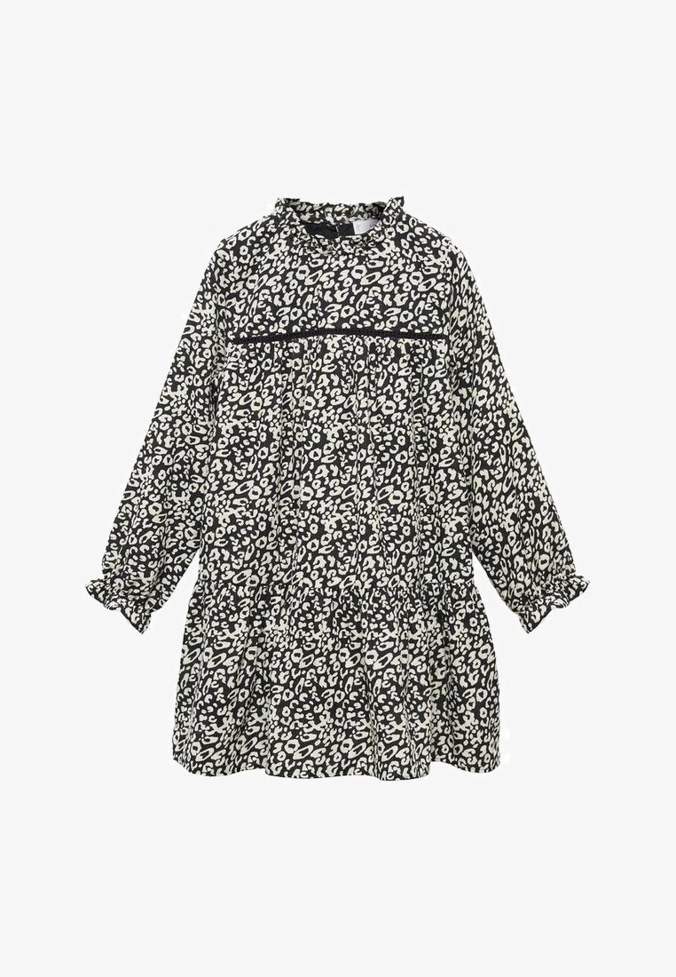 Černobíle tištěné šaty s límečkovým výstřihem, dlouhými rukávy, vrstveným designem a elastickými manžetami se skvrnitým vzorem.