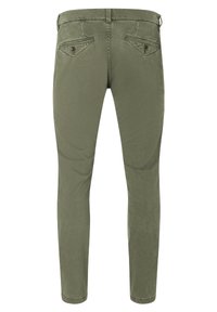Olivengrüne Slim-Fit-Hose aus Baumwollstoff, zwei hintere Taschen mit schrägen Klappen und kontrastierenden Knöpfen. Glatte Textur, schmal zulaufender Bein-Design.
