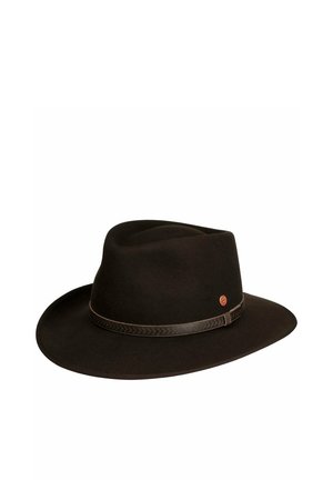 Dark brown felt fedora hat with a wide brim and decorative leather band featuring a small round metal emblem.