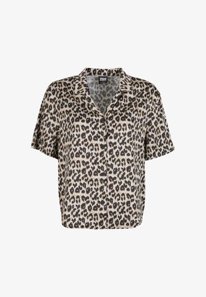 Lühikeste varrukatega leopardimustriga särgid, millel on krae ja mustad nööbid, tehtud siledast kangast, mille värviskeem on beež ja pruun.