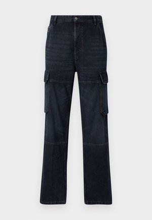 Dunkelblaue Cargo-Hosen mit lockerem Schnitt, ausgestattet mit zwei Seiten pockets, Kniefelgen und Kontrastnähten. Metallknopfverschluss am Taillenbund.