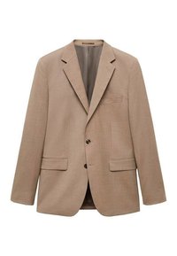 Bež športni suknjič iz teksturiranega blaga. Enoslojni dizajn z režastimi zaklopkami, dvema sprednjima žepoma in zapiranjem na en gumb.