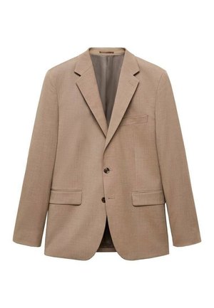 Beige blazer made of textured fabric. Single-breasted design with notched lapels, two front pockets, and one button closure.