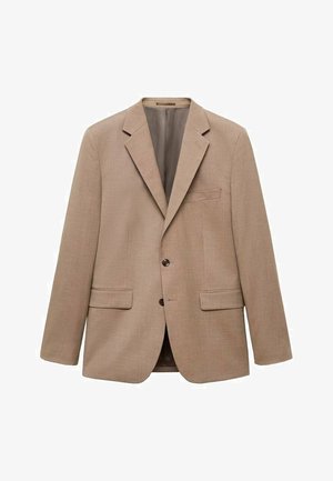 Beige blazer made of textured fabric. Single-breasted design with notched lapels, two front pockets, and one button closure.