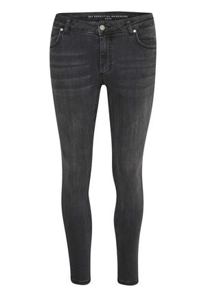 Jeans skinny din denim gri închis, având cinci buzunare, o închidere cu buton frontal și detalii subtile de decolorare pe coapse.