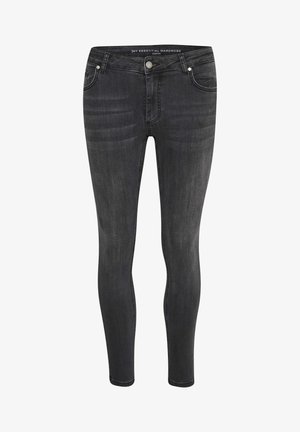 Jeans skinny din denim gri închis, având cinci buzunare, o închidere cu buton frontal și detalii subtile de decolorare pe coapse.