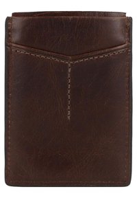 Porte-cartes en cuir brun foncé au design minimaliste, avec un motif en chevron cousu à l'avant et une texture lisse.