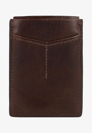 Dark brown leather cardholder with a minimalist design, featuring a stitched chevron pattern on the front and a smooth texture.