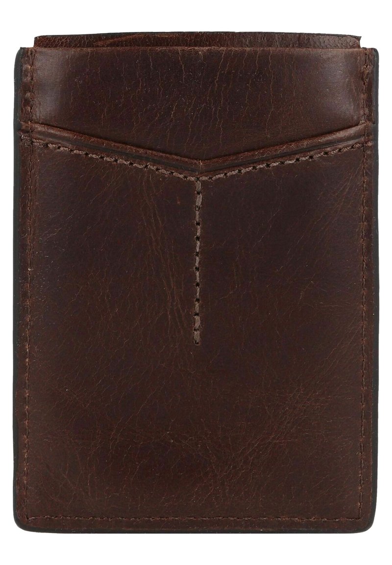 Porte-cartes en cuir brun foncé au design minimaliste, avec un motif en chevron cousu à l'avant et une texture lisse.