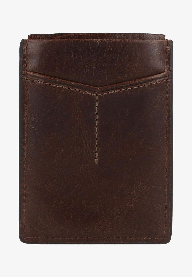 Porte-cartes en cuir brun foncé au design minimaliste, avec un motif en chevron cousu à l'avant et une texture lisse.