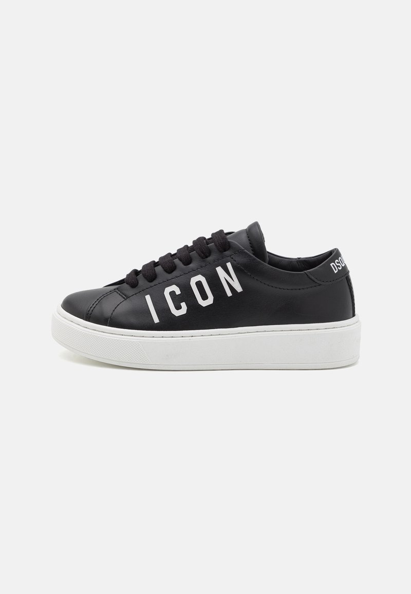 Black leather sneakers with white accents, featuring the word "ICON" on the side, round toe, and white rubber sole. Black laces complete the design.