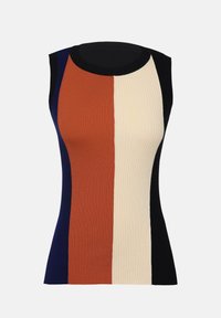 Sleeveless ribbed knit top with vertical color blocks in navy, rust, beige, and black, featuring a round neckline and fitted silhouette.