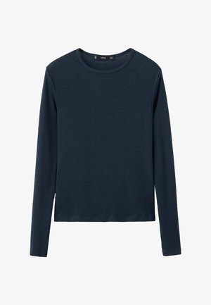 Cămașă lungă cu mâneci lungi, de culoare bleumarin închis, confecționată din țesătură cu dungi, are un decolteu rotund și croială dreaptă, fără modele sau accente vizibile.