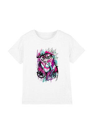 White cotton t-shirt featuring a colorful graphic design with a spider motif, incorporating pink, teal, and black elements, and spiderweb detail.
