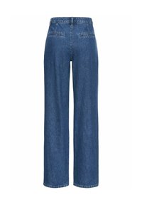 Brede blauwe denim jeans met een hoge taille, voorzien van twee achterzakken en een gladde textuur, afgewerkt met een nette zoom.