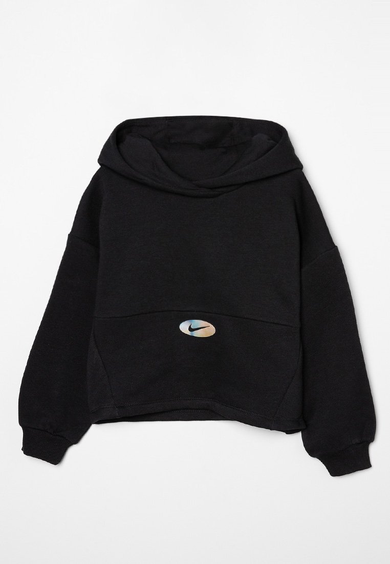 Haut à capuche noir cropped avec des manches longues, des poignets côtelés, une capuche et un petit logo Nike multicolore sur la poche avant.
