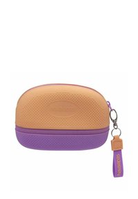 Custodia con zip Havaianas in gomma arancione e viola, caratterizzata da una superficie testurizzata e un anello per chiavi con un'etichetta logo. Finitura liscia.