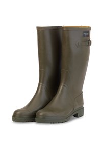 Olive green gumowe wysokie kalosze z teksturowanym wykończeniem, kwadratowym noskiem i detalem z klamrą z boku, umożliwiającym regulację dopasowania.