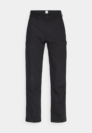 Black cargo pants, made of cotton, featuring a straight leg cut, two front pockets, and a button closure at the waist.