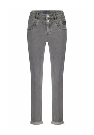 Grijze denim jeans met een sluiting met twee knopen, vijf zakken en opgerolde cuffs. Bevat stiksels en een merkembleem op de tailleband.