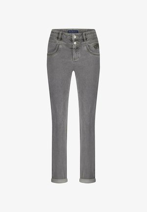Grijze denim jeans met een sluiting met twee knopen, vijf zakken en opgerolde cuffs. Bevat stiksels en een merkembleem op de tailleband.