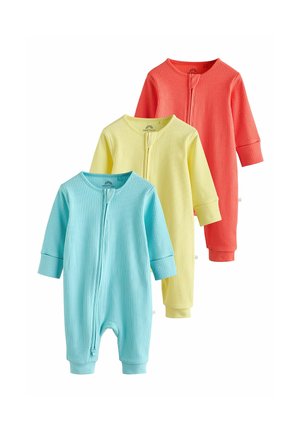 Three ribbed long-sleeve baby rompers in blue, yellow, and coral, each with a front zipper and cuffs at sleeves and ankles.