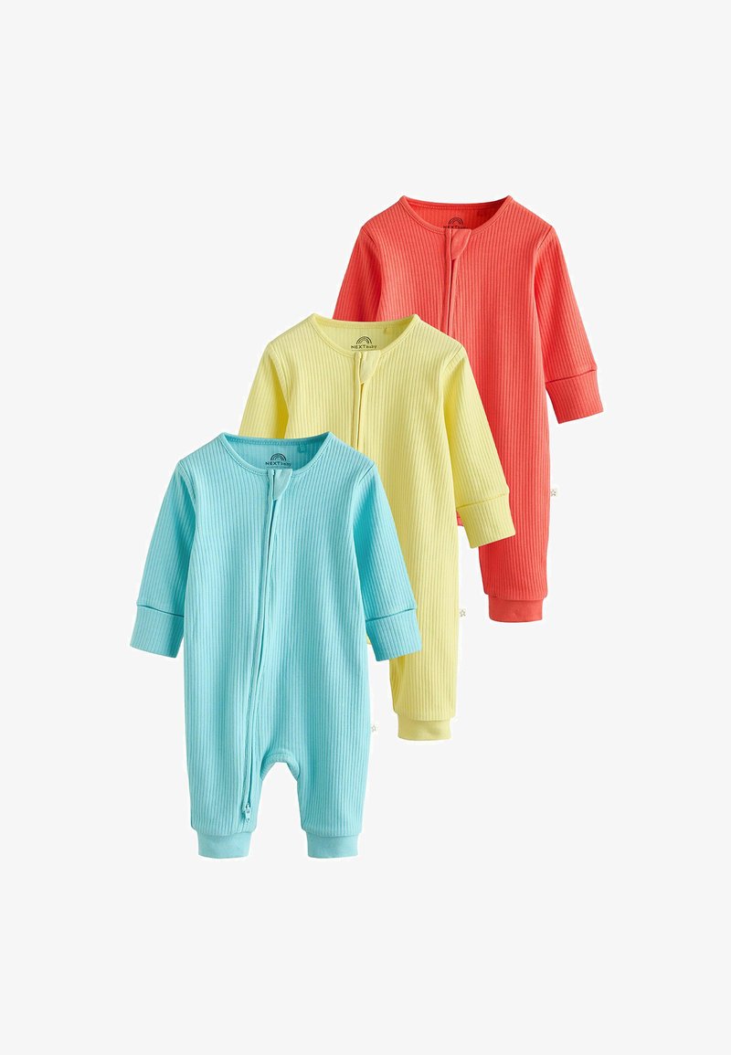 Trei body-uri pentru bebeluși cu mâneci lungi, din material nervurat, în albastru, galben și corai, fiecare având fermoar frontal și manșete la mâneci și glezne.